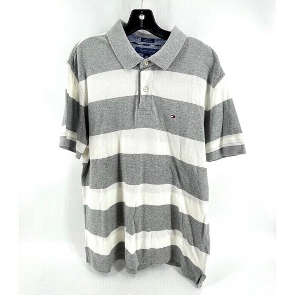 Tommy Hilfiger Men's Large Polo Shirt Custom Fit Preppy Gray Striped Rugby - Picture 1 of 8